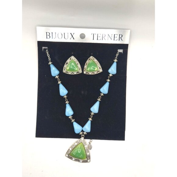 Vintage Bijoux Terner Necklace Earrings Green Blue Resin Rhinestone NOS on card - Picture 2 of 8